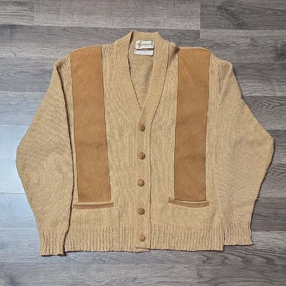 Musingwear Vintage 75% Shetland Wool Cardigan With Suede Front Size Medium